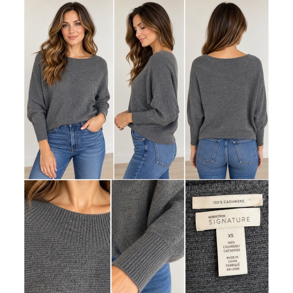 Nordstrom Signature 100% Cashmere Sweater Boat Neck Dolman Sleeve Sweater XSGrey